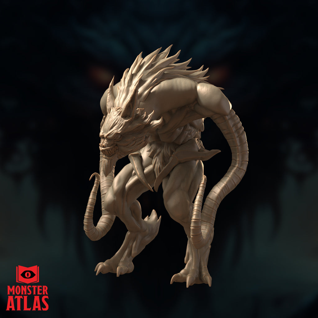 Kerzit the Abyssal Lord seen from a three-quarter angle, heavy musculature visible across the back and shoulders, long segmented tentacles curling downward, taloned feet splayed. Sculpt by Monster Atlas.