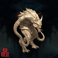 Kerzit the Abyssal Lord viewed from the side, barbed jaw tendril prominent, spine mane sweeping back, one tentacle limb arcing behind the body, clawed feet gripping the ground. Sculpt by Monster Atlas.