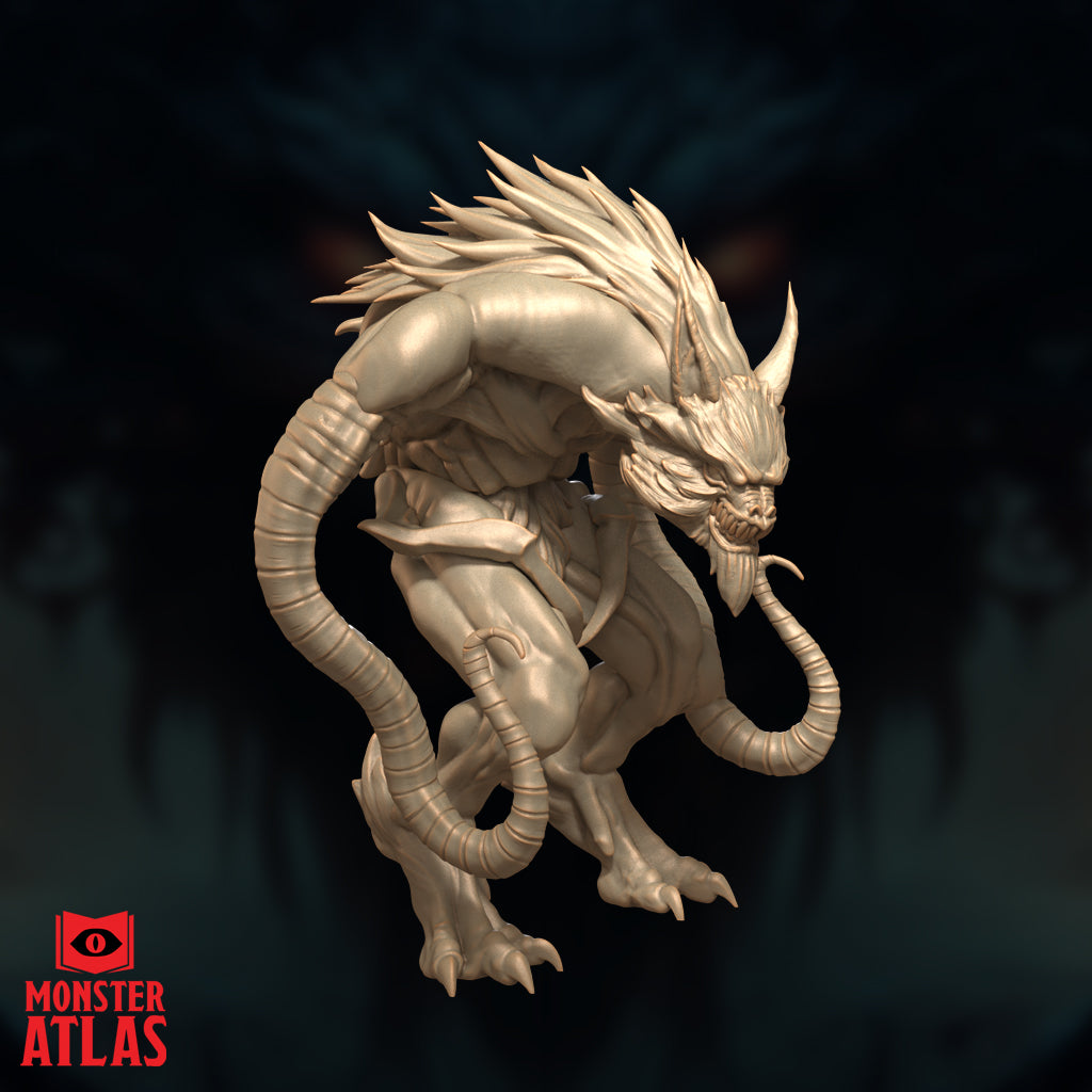 Kerzit the Abyssal Lord viewed from the side, barbed jaw tendril prominent, spine mane sweeping back, one tentacle limb arcing behind the body, clawed feet gripping the ground. Sculpt by Monster Atlas.