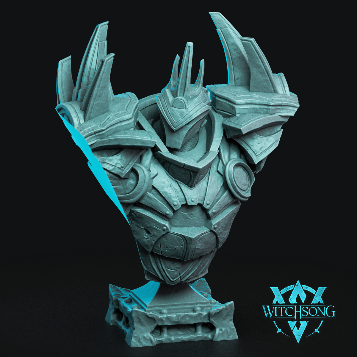 Armoured bust of a regal warrior king, wearing layered plate with swept pauldrons, circular medallions, and a closed-visor helm crowned with twin horn spires. Sculpt by Witchsong Miniatures.