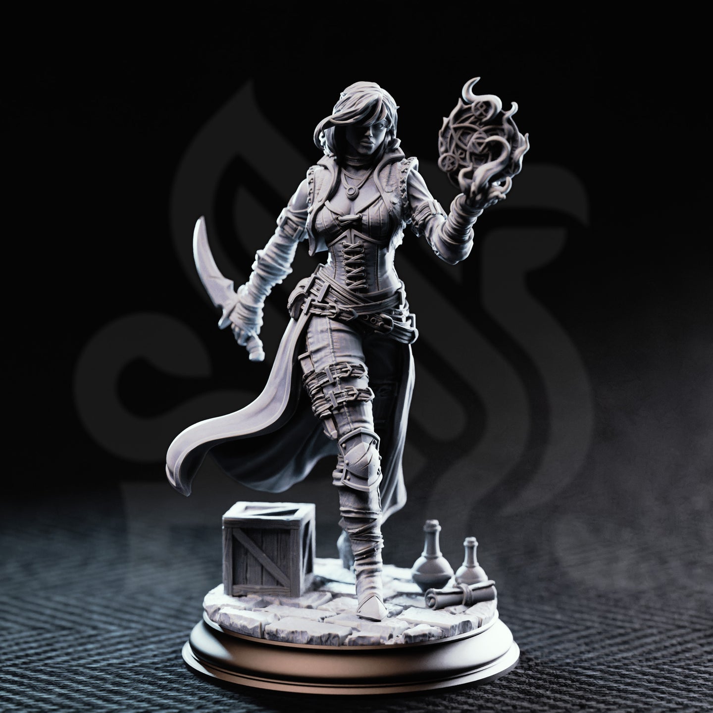 Photograph of printed unpainted grey resin Kira Solseth miniature by DM Stash — front view showing dynamic stride, curved dagger, horned flame arcane orb, layered leather armour, and detailed scenic base with crate and potion bottles on stone flagging