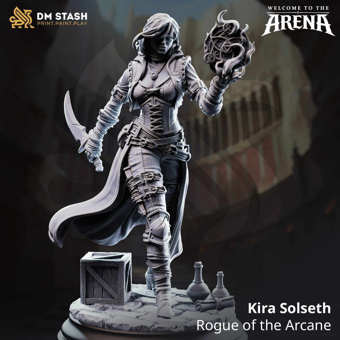 Digital render of Kira Solseth Rogue of the Arcane miniature by DM Stash — unpainted grey resin, mid-stride pose with curved blade in right hand and flaming arcane orb in raised left hand, wearing buckled leather armour and billowing coat, on a scenic base with crate, potions, and scroll