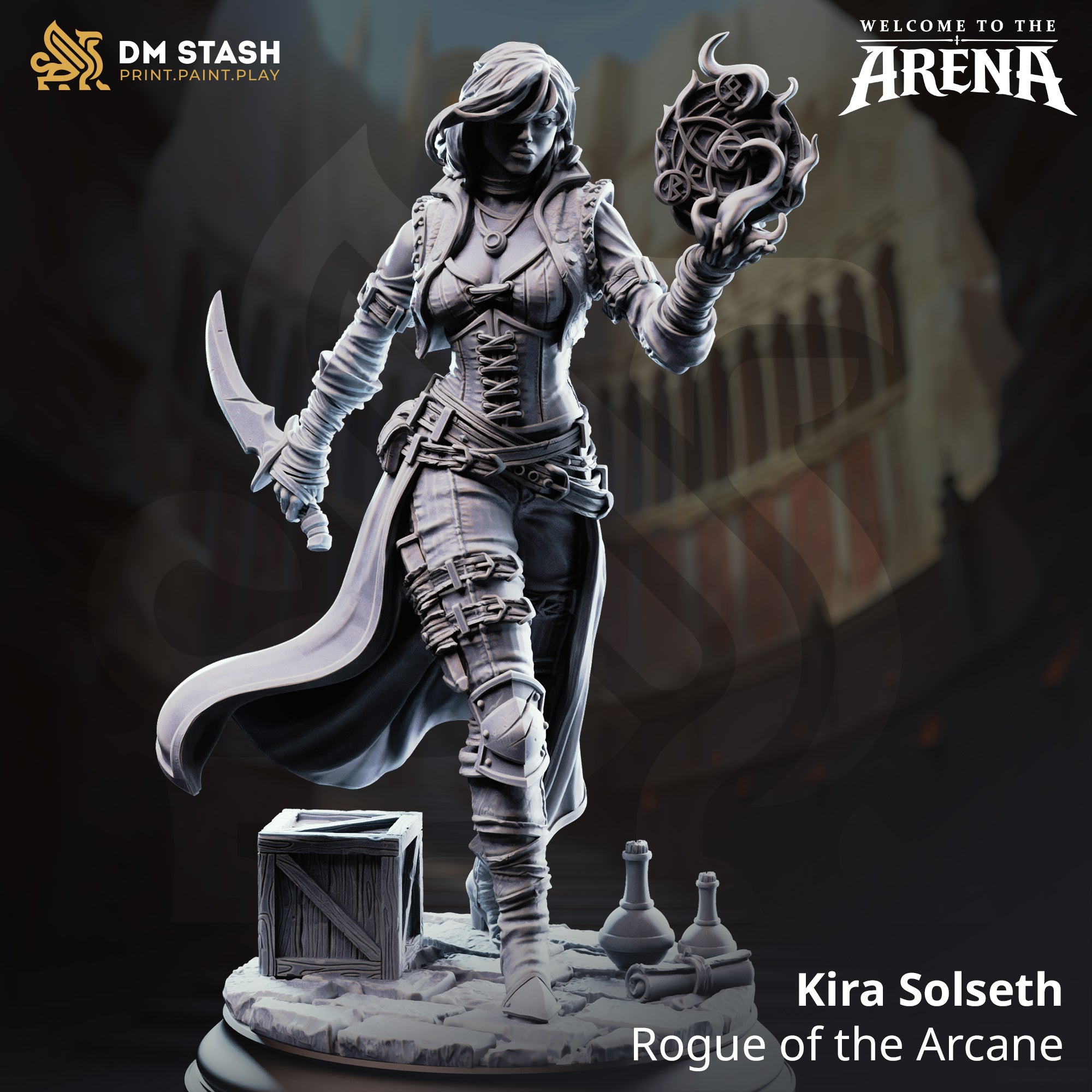 Digital render of Kira Solseth Rogue of the Arcane miniature by DM Stash — unpainted grey resin, mid-stride pose with curved blade in right hand and flaming arcane orb in raised left hand, wearing buckled leather armour and billowing coat, on a scenic base with crate, potions, and scroll