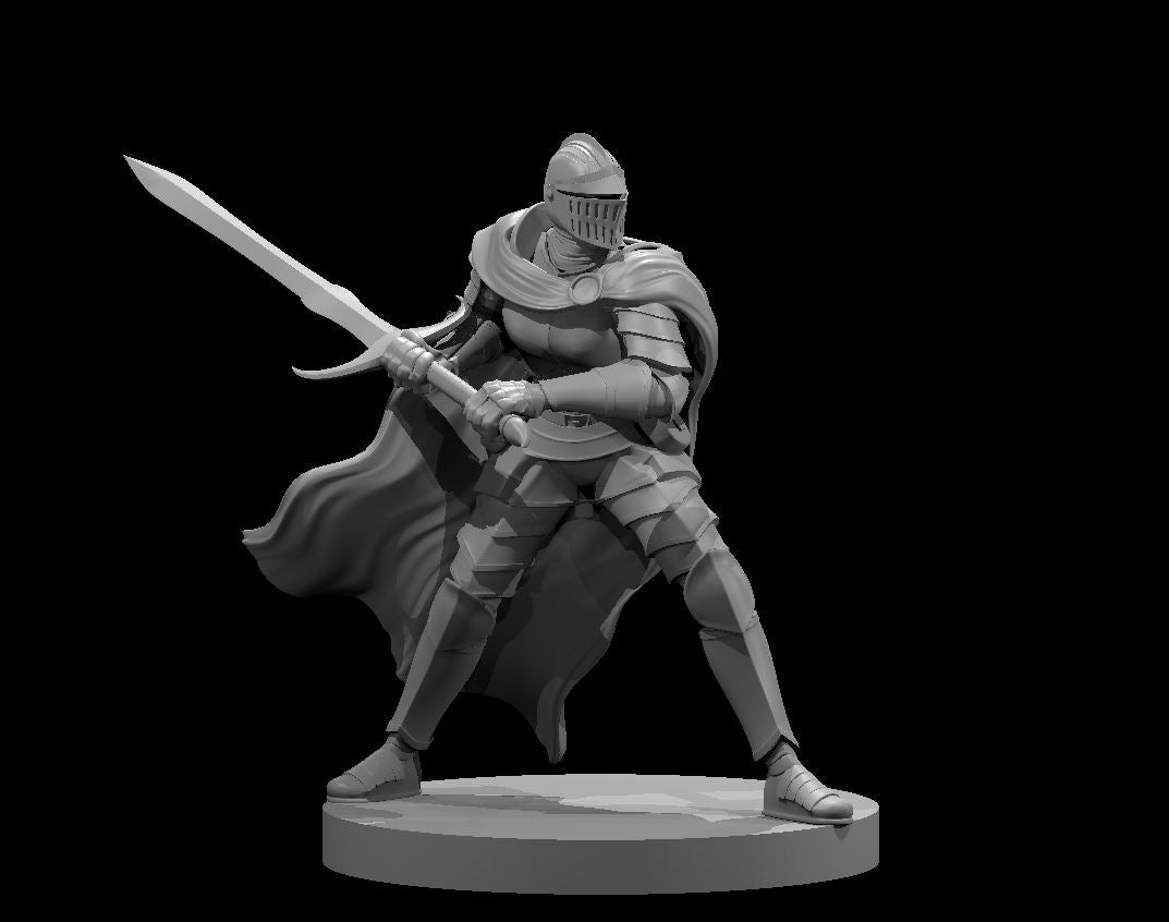 Grey resin 3D printed miniature of a fully armoured female knight in a wide combat stance, holding a greatsword levelled forward with both hands. She wears full plate armour with a close-faced visor helm, flowing hood, and a billowing cloak. Round integral base. Unpainted.