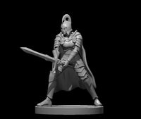 Grey resin 3D printed female knight miniature in full plate armour, crested great helm, and flowing cape, holding a longsword in a two-handed combat stance — 32mm scale, unpainted