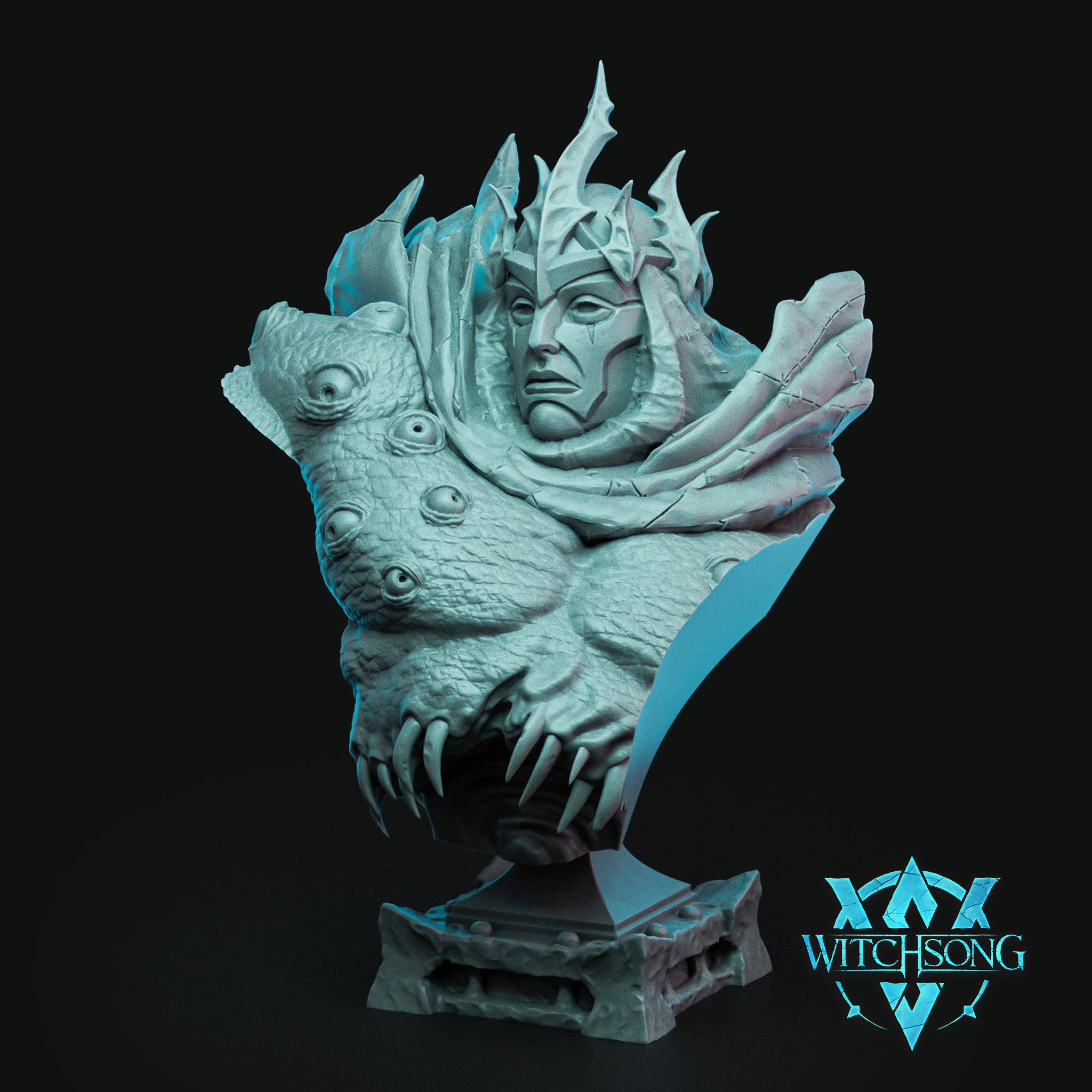 Digital render of the Knight of Gluttony collector's bust by Witchsong Miniatures — an unpainted grey resin large-scale display bust showing a gaunt, crowned male face with hollow eyes and facial markings, framed by jagged spike-like crown protrusions. A large scaled creature with multiple lidded eyes wraps around his torso, its clawed hand gripping a dark orb at the base. A stitched, layered cloak drapes across one shoulder. The bust sits on a sculpted stone plinth base. Rendered in teal-tinted grey agains