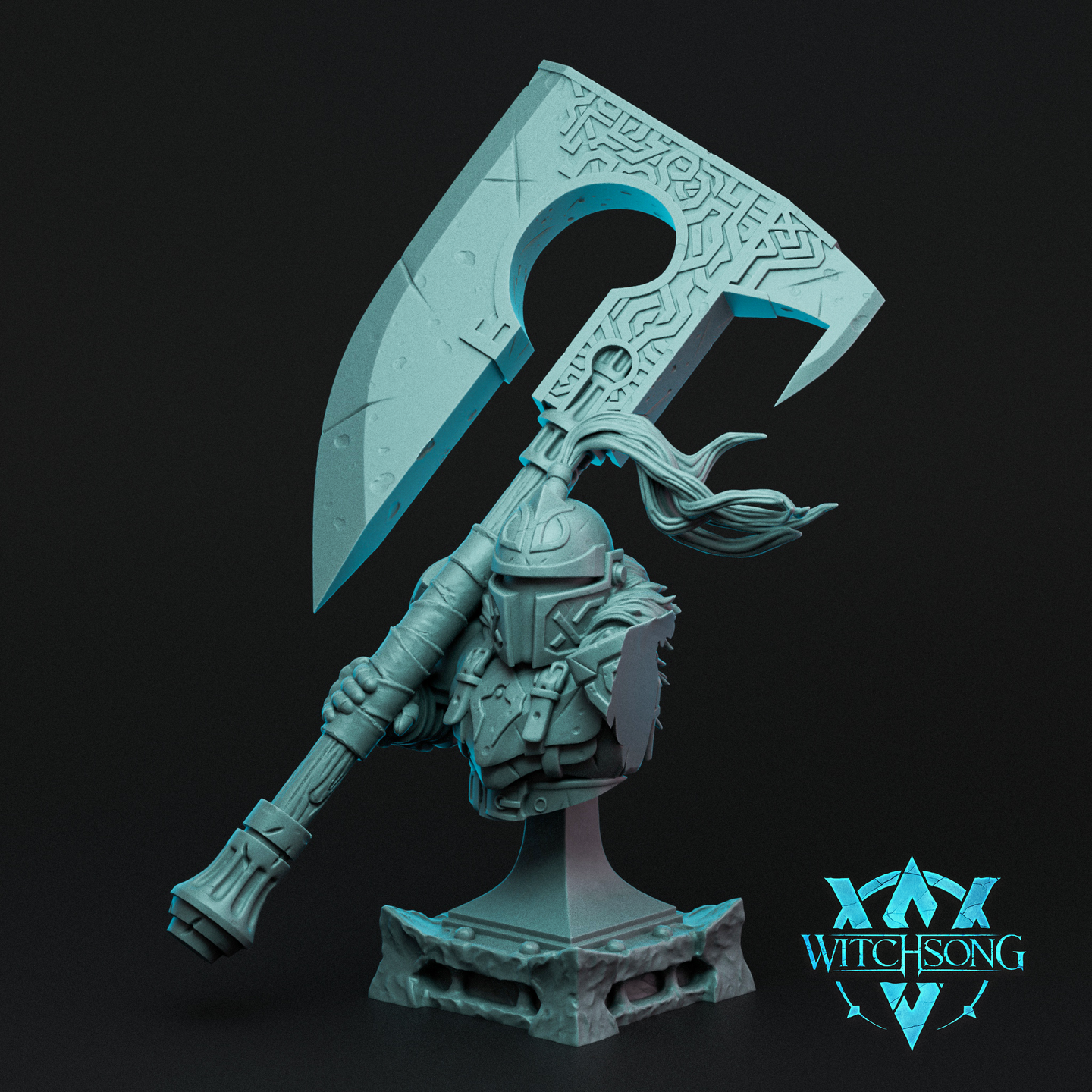 Digital render of the Knight of Stature bust by Witchsong Miniatures — an armoured dwarf figure in teal resin, holding a massive rune-etched greataxe aloft in one gauntleted fist, with layered plate armour, fur trim, a visored helm, and trailing cloth; mounted on a square plinth base against a black background