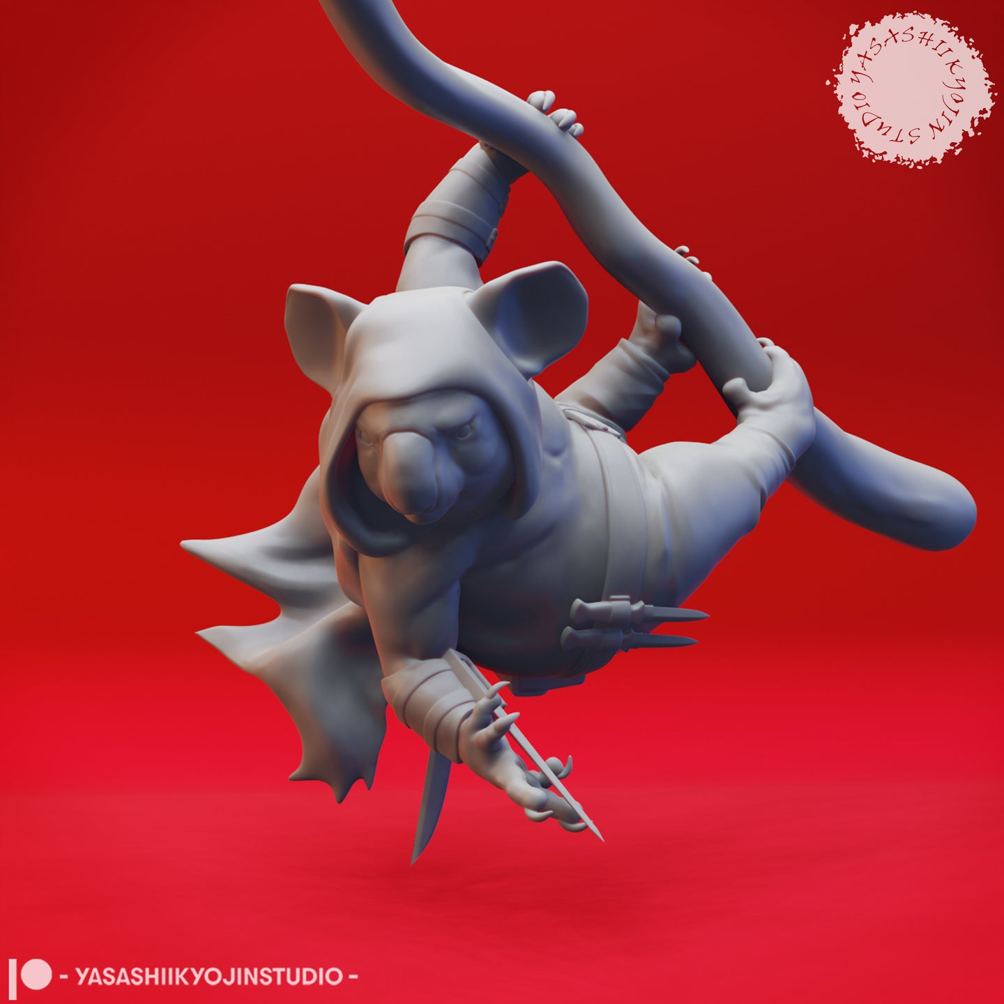 Digital render of Aussie-Folk 02 koala ninja miniature by Yasashii Kyojin Studio — front view showing the figure mid-swing on a pole, twin sai extended downward, billowing cloak, wrist wrappings, and a calm determined expression, unpainted grey resin finish on a red background
