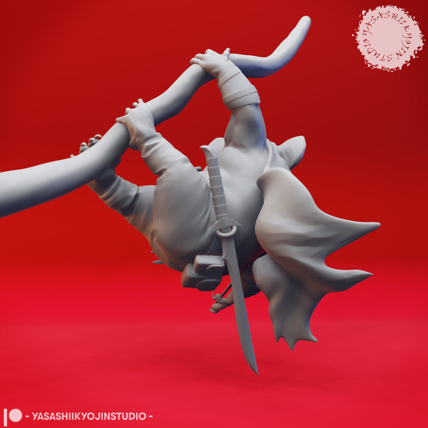 Digital render of Aussie-Folk 02 koala ninja miniature — side and back view highlighting the sweeping cloak, sheathed blade at the waist, gripping hands on the pole, and the figure's inverted aerial pose, unpainted grey finish on a red background