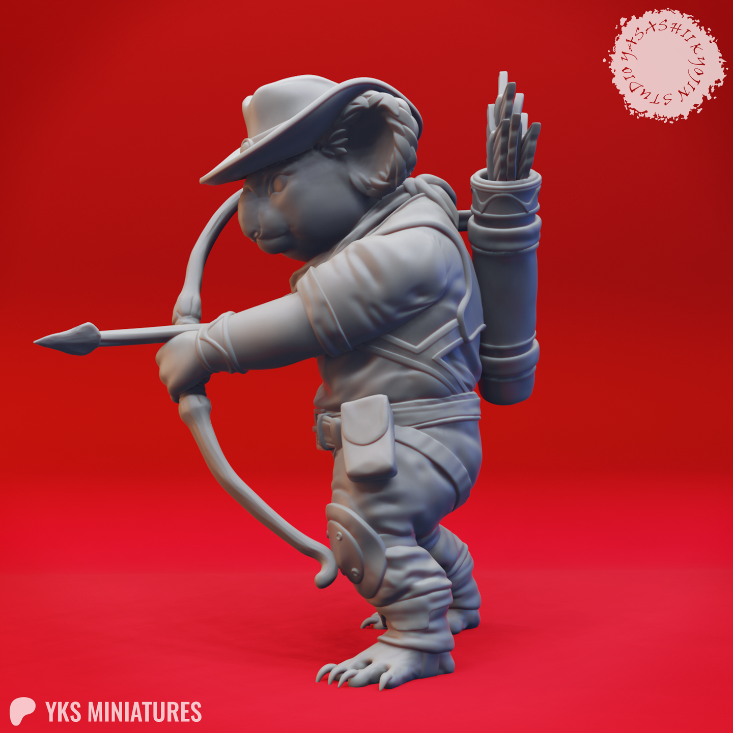 Grey resin digital render of a koala folk ranger miniature — side profile view highlighting the loaded quiver, bow at full draw, belted coat details, and the character's focused expression beneath a wide-brimmed hat