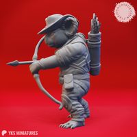 Grey resin digital render of a koala folk ranger miniature — side profile view highlighting the loaded quiver, bow at full draw, belted coat details, and the character's focused expression beneath a wide-brimmed hat