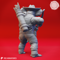 Grey resin digital render of a koala folk ranger miniature — rear three-quarter view showing the cylindrical arrow quiver strapped across the back, coat fabric detail, utility belt, and wrapped leg wrappings above clawed feet