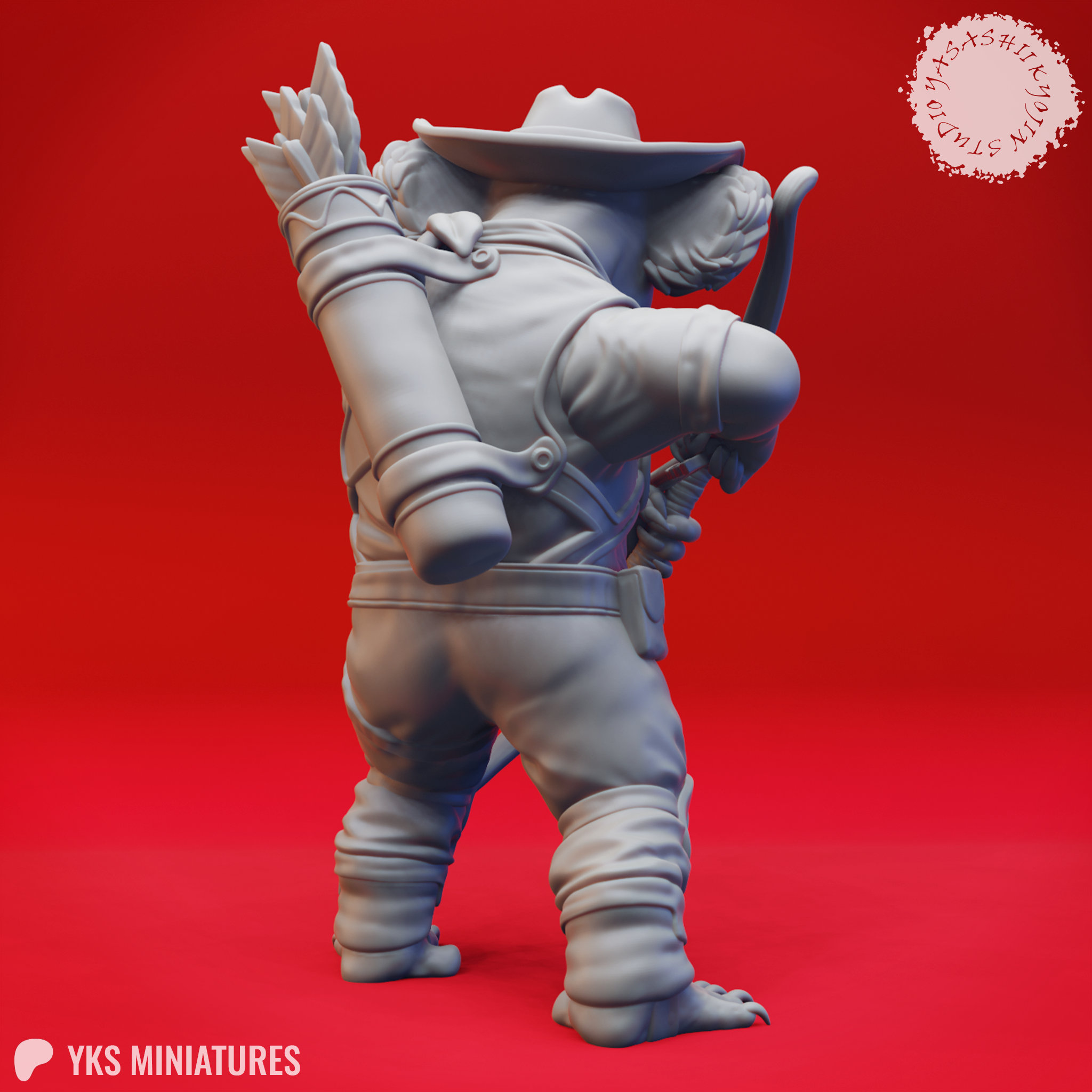 Grey resin digital render of a koala folk ranger miniature — rear three-quarter view showing the cylindrical arrow quiver strapped across the back, coat fabric detail, utility belt, and wrapped leg wrappings above clawed feet