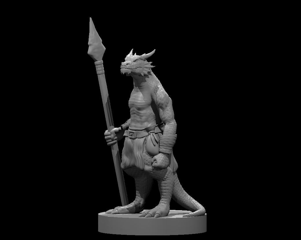 Grey resin digital render of a kobold warrior miniature holding a tall spear, standing in a confident upright pose with a horned draconic head, scaly arms and tail, belted cloth wrap, and a dagger at the hip — 32mm scale D&D miniature by MZ4250