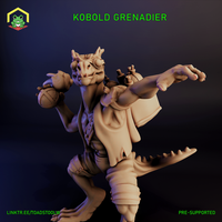 Digital render of an unpainted Kobold Grenadier miniature at 32mm scale — a scaly humanoid mid-throw, holding a round bomb in one clawed hand with the other arm extended for balance, wearing an open leather coat and a monocle, with two stoppered flasks strapped to its back and a serrated tail swept outward