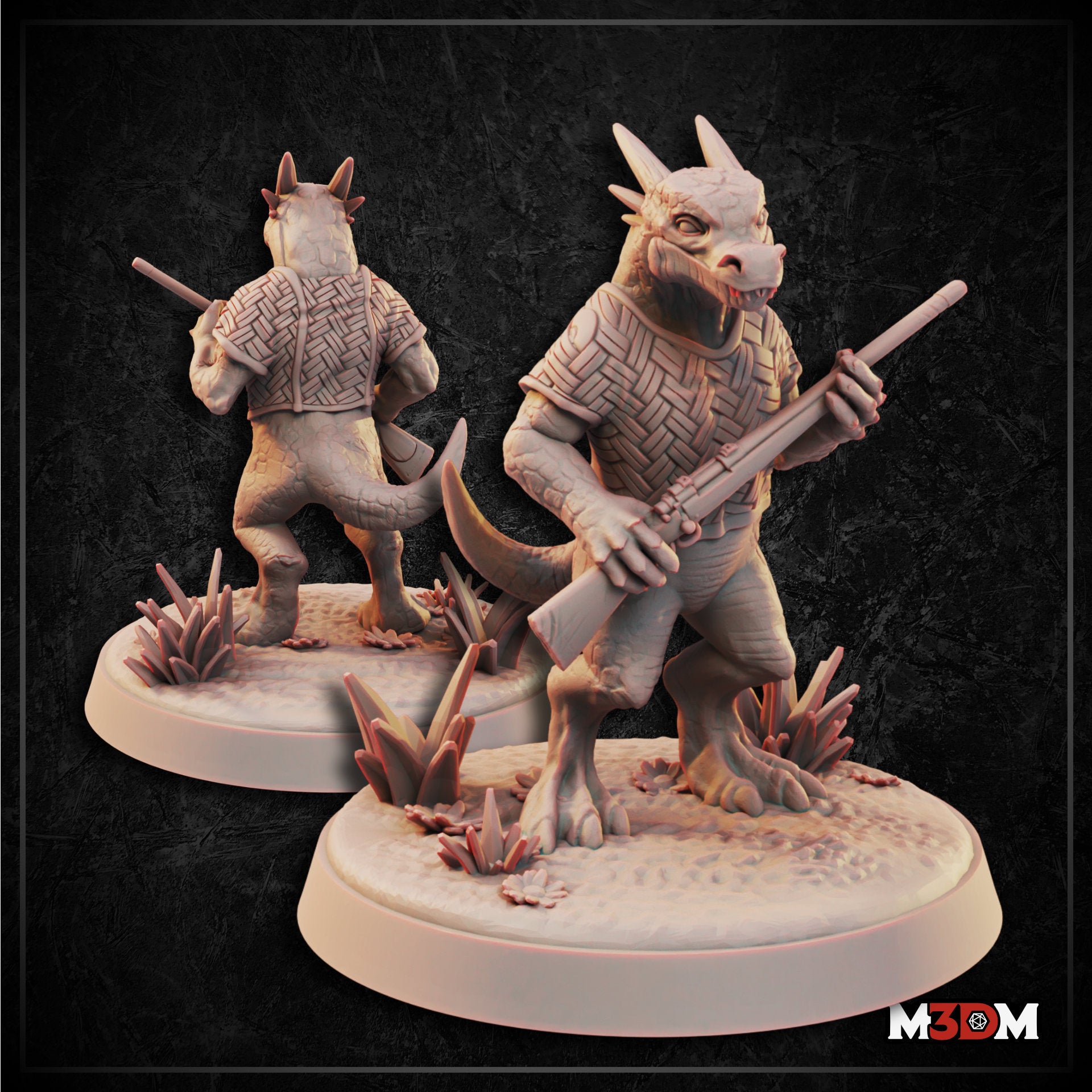 Two views of an unpainted grey resin Kobold Sharpshooter miniature at 32mm scale, showing front and rear — the kobold stands upright holding a long rifle across its body, wearing a wicker-weave tabard over scaled hide, with horned head, clawed feet, and a heavy tail, mounted on a detailed scenic base with crystals and scrub foliage
