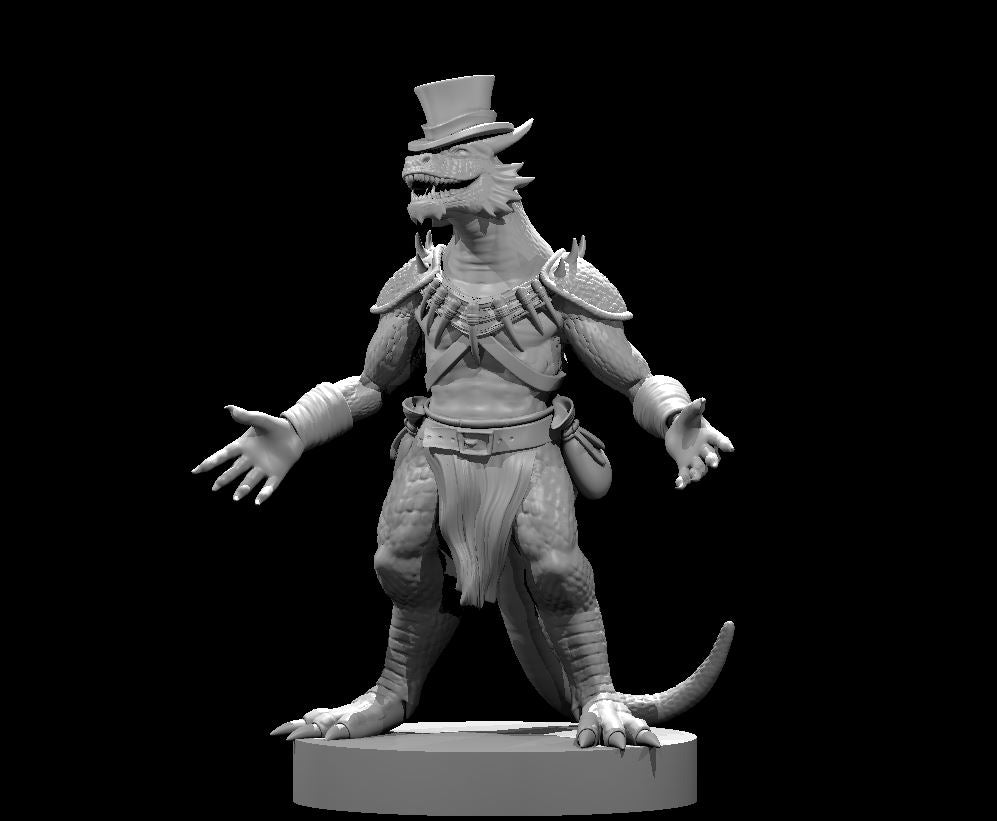 Kobold bard miniature wearing a top hat, arms raised open in a performative stance. Layered shoulder armour, bead necklace, leather straps, wide belt, and wrist cuffs. Sculpt by MZ4250.