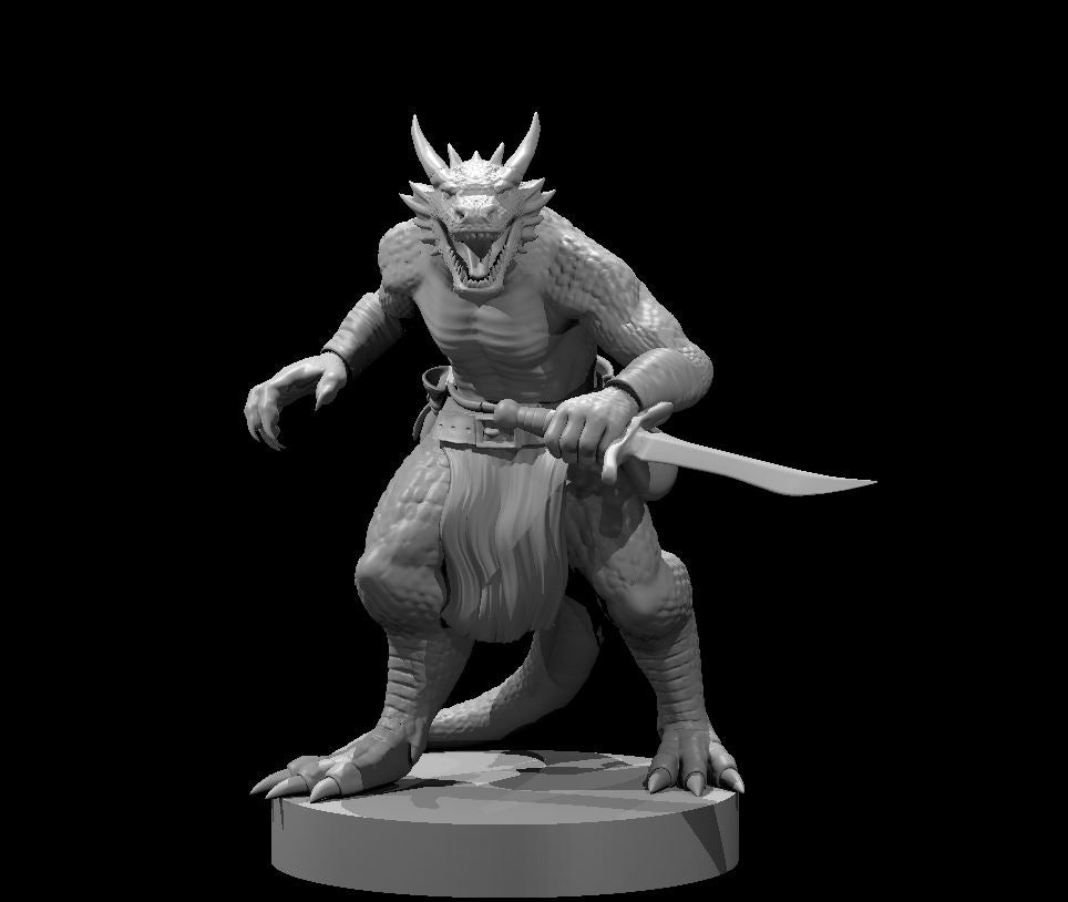 Grey resin digital render of a crouching kobold warrior miniature at 32mm scale, armed with a short blade held in both hands, featuring a horned reptilian head with open jaws, heavily scaled body, and clawed hands and feet, mounted on a plain round base