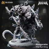 DM Stash Königsratte Rat King 32mm miniature render — a massive multi-headed rat beast with four weapon-bearing arms, bone and skull trophies, spiked back, and knotted rope bindings, shown on a cobblestone arena base with the DM Stash logo