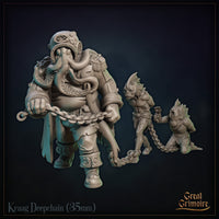 Kraag Deepchain by Great Grimoire: bulky armoured figure with tentacled diving helmet, gripping a skull-link chain attached to two chained sahuagin thralls, one standing and one kneeling.
