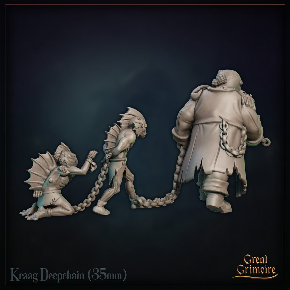 Rear view of Kraag Deepchain by Great Grimoire showing tattered coat, chain looped across the back, and the two emaciated sahuagin — one winged and crouching, one snarling upright.