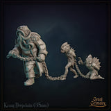 Side profile of Kraag Deepchain by Great Grimoire: the massive enforcer strides forward dragging the chain as the two sahuagin thralls strain behind him, fin-eared and skeletal in build.