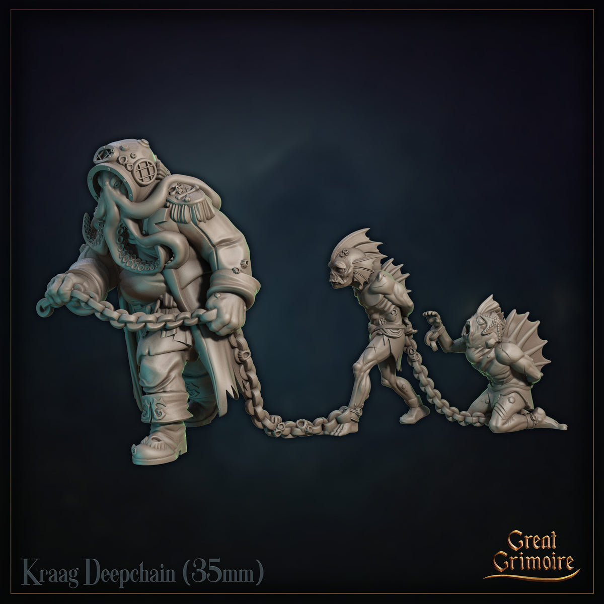 Side profile of Kraag Deepchain by Great Grimoire: the massive enforcer strides forward dragging the chain as the two sahuagin thralls strain behind him, fin-eared and skeletal in build.