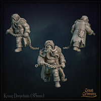 Close detail render of Kraag Deepchain by Great Grimoire highlighting the skull-shaped chain links, layered armour plates, and arcane carvings on the heavy boots.