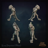 Overhead-angle render of Kraag Deepchain by Great Grimoire showing the full length of the chain connecting the enforcer to both sahuagin captives and the epaulette detail on the shoulders.