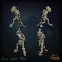 Overhead-angle render of Kraag Deepchain by Great Grimoire showing the full length of the chain connecting the enforcer to both sahuagin captives and the epaulette detail on the shoulders.