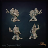 Studio render of Kraag Deepchain by Great Grimoire displaying the complete multipart composition — enforcer, chain, and two chained sahuagin — against a dark background.
