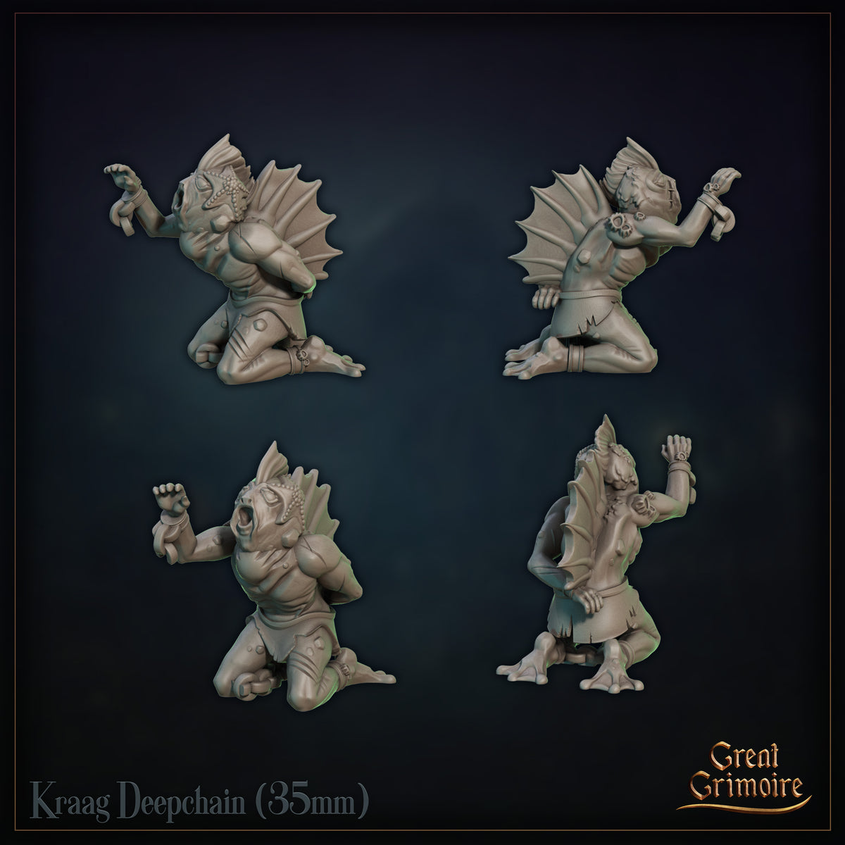 Studio render of Kraag Deepchain by Great Grimoire displaying the complete multipart composition — enforcer, chain, and two chained sahuagin — against a dark background.