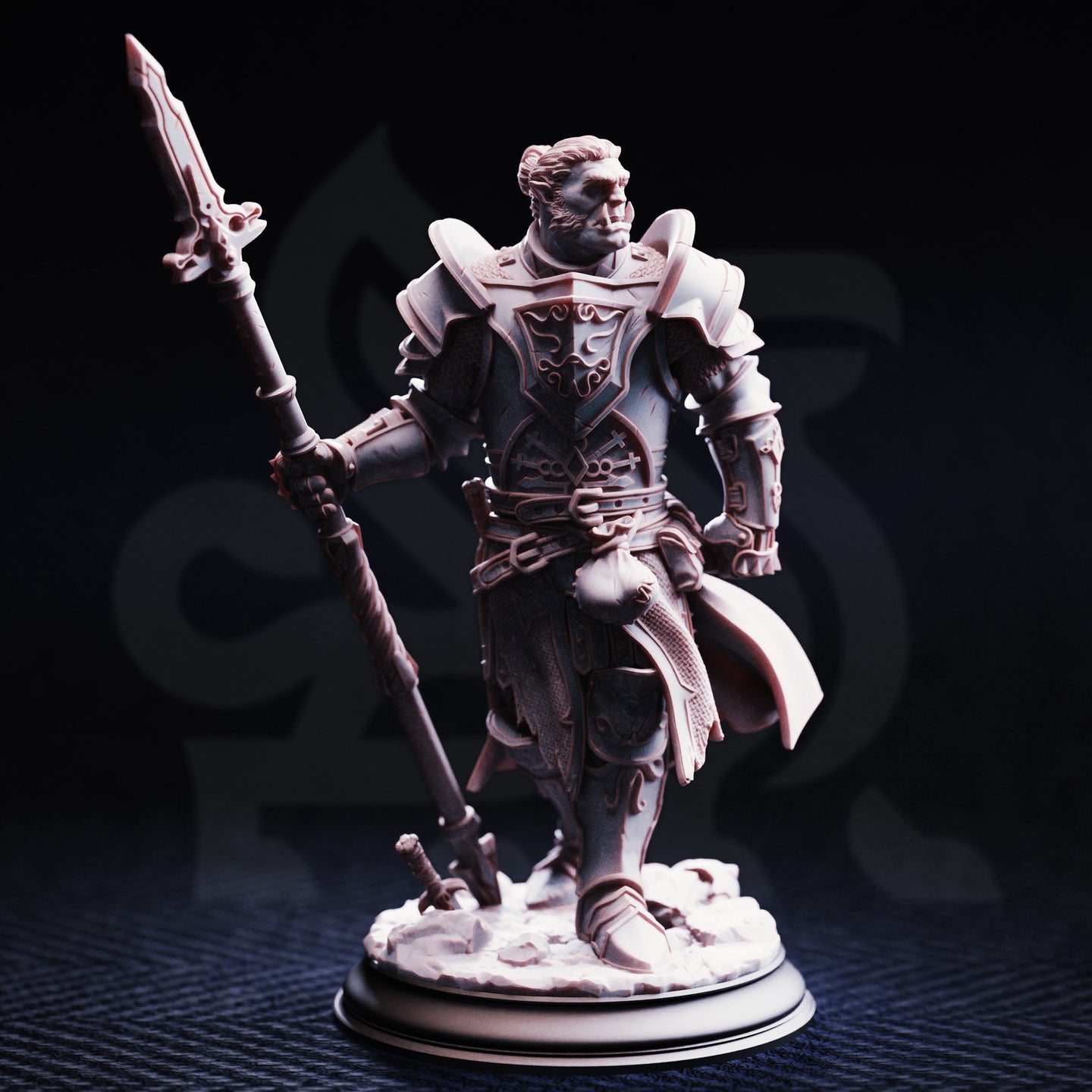 Front view of an unpainted grey resin 32mm miniature of Krunthar — a half-orc knight in layered plate armour with a heraldic breastplate sigil and cross-belt detailing, wielding an ornate warspear, standing on a sculpted rubble base with a broken sword beneath his feet.