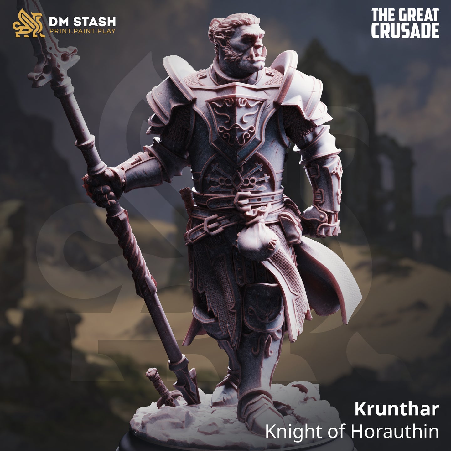 Digital render of Krunthar, Knight of Horauthin — an unpainted half-orc miniature in ornate heraldic plate armour, holding a twisted double-bladed warspear aloft in his right hand, mid-stride with a determined expression, on a rocky rubble base. DM Stash The Great Crusade collection.