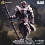 Digital render of Krunthar, Knight of Horauthin — an unpainted half-orc miniature in ornate heraldic plate armour, holding a twisted double-bladed warspear aloft in his right hand, mid-stride with a determined expression, on a rocky rubble base. DM Stash The Great Crusade collection.