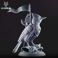 Unpainted grey resin Blue Jay miniature by La Louve 3D — front view showing armoured breast harness, banner pole gripped in talon, sheathed blade, and crested bird head perched on a mushroom-scattered woodland base