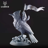 Unpainted grey resin Blue Jay miniature by La Louve 3D — three-quarter side view showing the full flowing banner, rope-bound armour straps across the chest, detailed wing feathering, and mushroom base with small skull