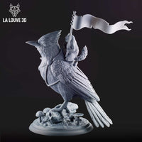 Unpainted grey resin Blue Jay miniature by La Louve 3D — three-quarter side view showing the full flowing banner, rope-bound armour straps across the chest, detailed wing feathering, and mushroom base with small skull