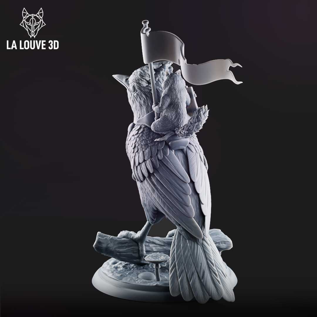 Unpainted grey resin Blue Jay miniature by La Louve 3D — rear three-quarter view showing the back feather detail, banner pole rising above the bird, tail feathers fanning out, and the textured bark and mushroom base