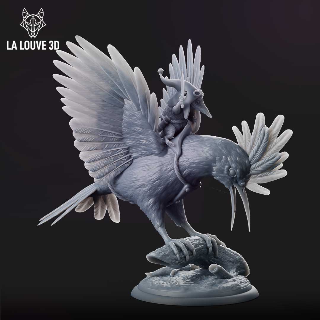 Digital render of an unpainted grey resin miniature showing a goblin rider in a beak-shaped helmet brandishing a sword, mounted on a large crested bird with spread wings, taloned feet gripping a mossy branch base — front-left view