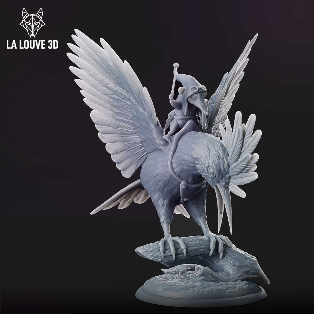 Digital render of an unpainted grey resin miniature showing a goblin rider raising a mace or wand aloft, seated on a large crested bird with wings partially spread and talons gripping a branch base — front-right view