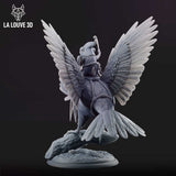 Digital render of an unpainted grey resin miniature showing the rear view of the goblin-on-bird mount, with the bird's wings fully spread symmetrically, rope harness visible across the chest, and the goblin rider raising a weapon above their head