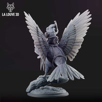 Digital render of an unpainted grey resin miniature showing the rear view of the goblin-on-bird mount, with the bird's wings fully spread symmetrically, rope harness visible across the chest, and the goblin rider raising a weapon above their head