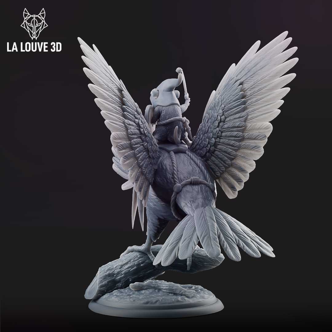 Digital render of an unpainted grey resin miniature showing the rear view of the goblin-on-bird mount, with the bird's wings fully spread symmetrically, rope harness visible across the chest, and the goblin rider raising a weapon above their head