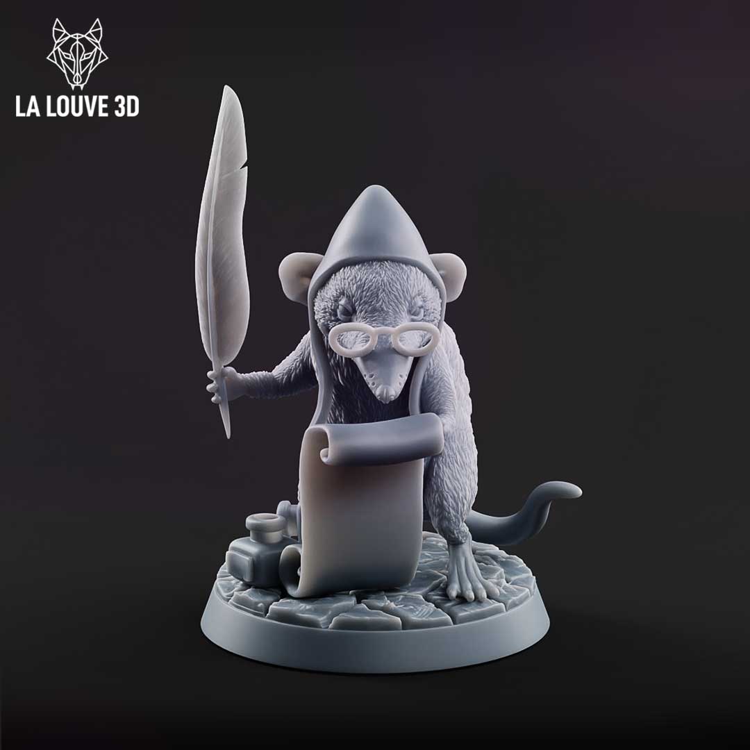 Front view of an unpainted grey resin shrew miniature at 32mm scale, wearing a conical wizard's hat and round spectacles, holding a large quill feather aloft in one hand and an unrolled scroll in the other, with an inkwell on a cracked flagstone base