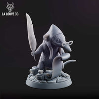 Side three-quarter view of the unpainted grey resin shrew wizard miniature, showing the scroll curling down to the base, the quill feather raised high, the spectacles on the snout, and the cracked flagstone base with inkwell accessory