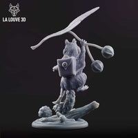 Rear view of an unpainted grey resin chipmunk miniature by La Louve 3D, posed upright on a mossy log base with mushrooms, holding a long plant-stem flail with two seed-pod weights, wearing a small satchel, with feathered feet — 32mm scale