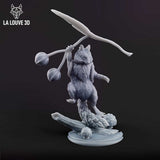 Front three-quarter view of an unpainted grey resin chipmunk miniature by La Louve 3D, standing on a woodland log base scattered with toadstools, raising a large leaf overhead while gripping a seed-pod flail — fey creature at 32mm scale