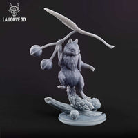 Front three-quarter view of an unpainted grey resin chipmunk miniature by La Louve 3D, standing on a woodland log base scattered with toadstools, raising a large leaf overhead while gripping a seed-pod flail — fey creature at 32mm scale
