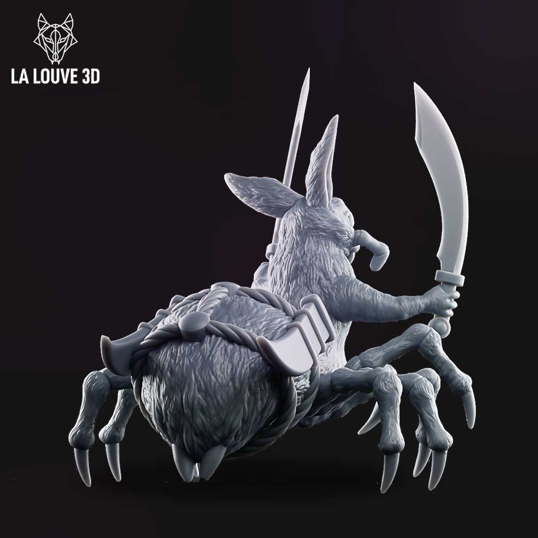 Rear three-quarter view of the unpainted grey resin Bunny Drider miniature, showing the shaggy fur detail across the back, the spider-like leg arrangement with individually sculpted talons, and the creature raising a single curved blade aloft